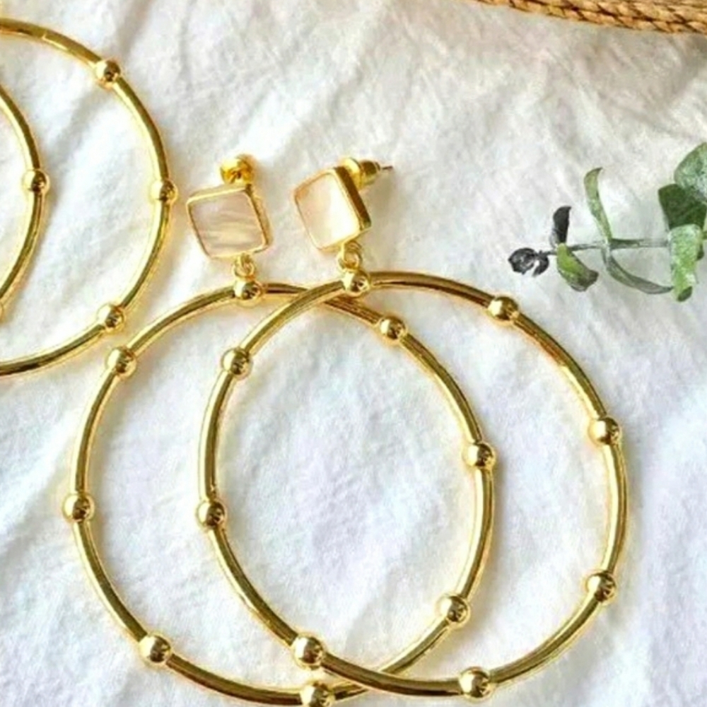Gold Beaded Large Hoop Earrings; Mother of Pearl; 925 Post; NWOT